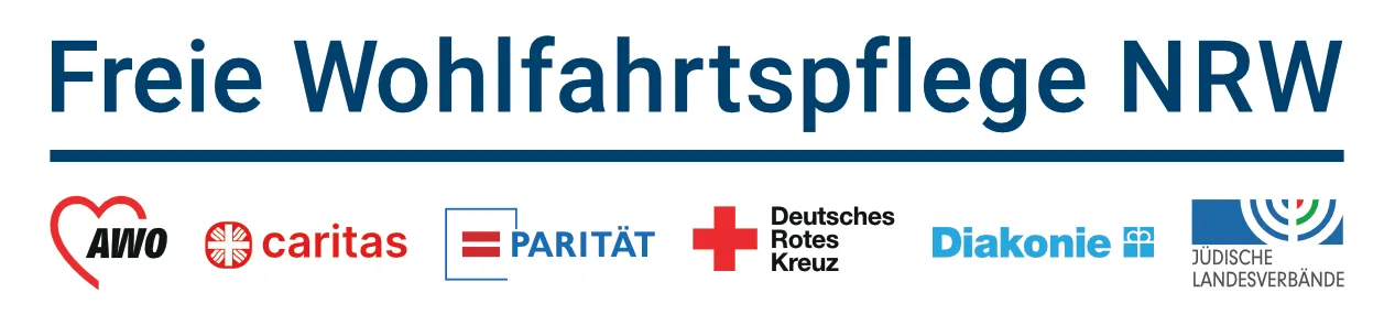 Logos der AWO, Caritas, Der Paritätische, DRK, Diakonie und Jüdische Landesverbände